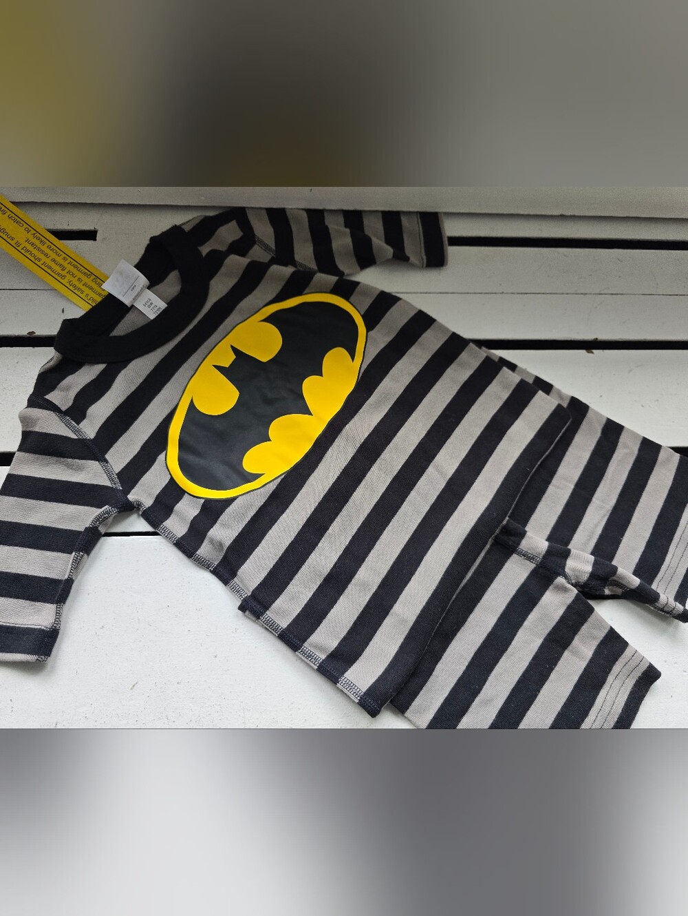 Hanna Andersson Black & Gray Stripe One-Piece with Yellow Batman Logo